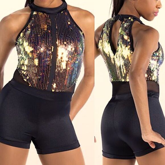 WEISSMAN Dance costume jazz black mesh gold sequin We Will Rock You 14757 SA - Picture 1 of 8